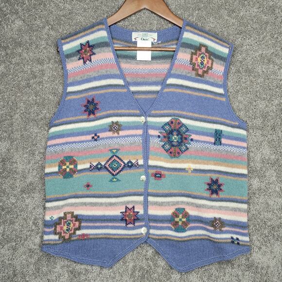 Orvis Vintage Wool Striped Aztec Easter V Neck Vest Womens Size Large - Picture 1 of 7